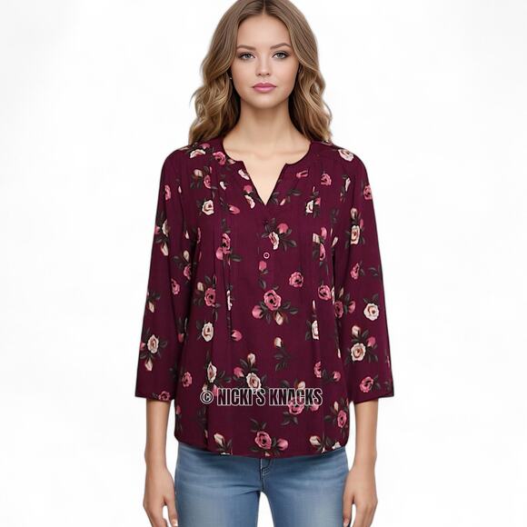Stitch Fix Burgundy Floral Blouse Split Neck 3/4 Sleeve Pleated Fall Top Size S - Picture 8 of 9